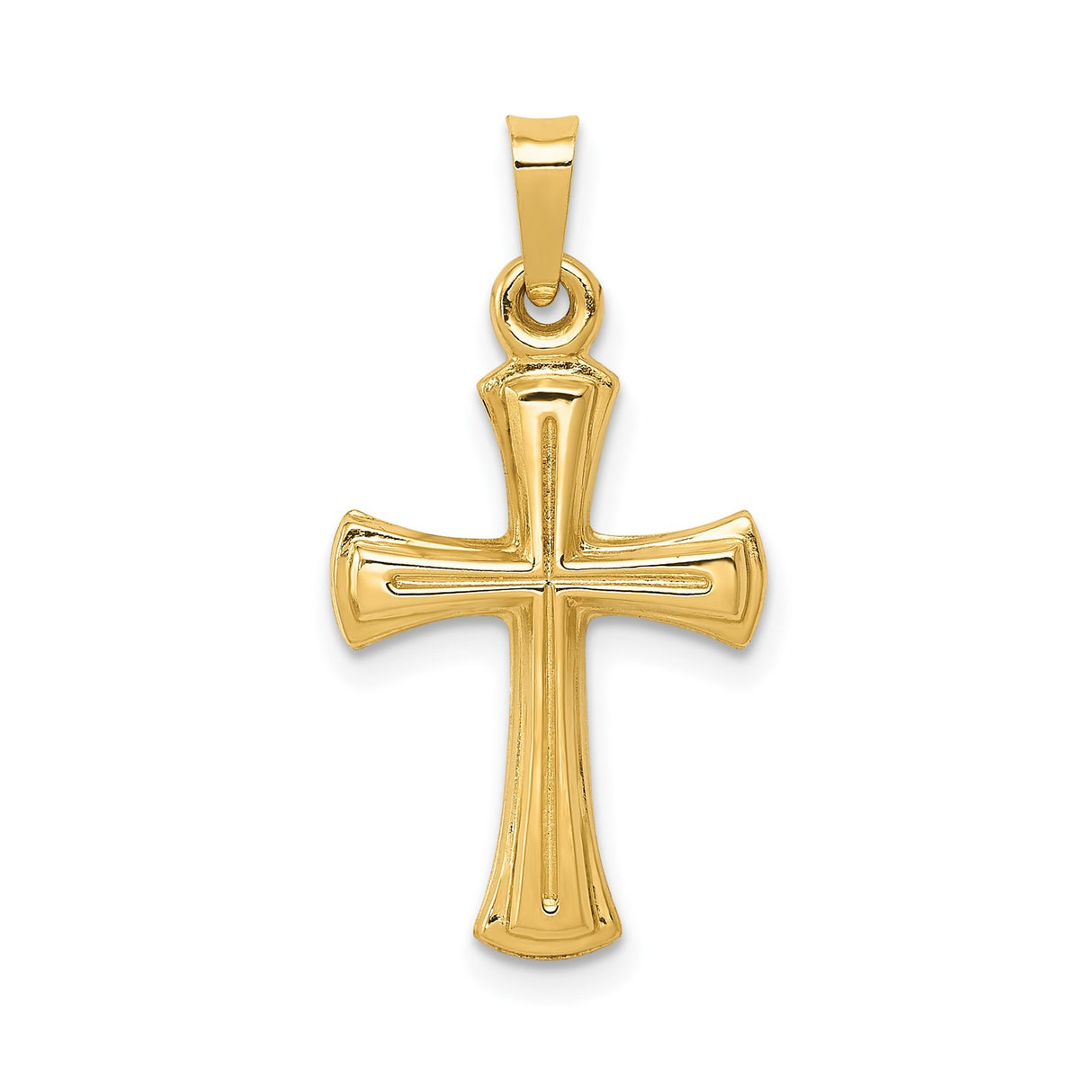 14k Yellow Gold Cross Pendant with Flared Beveled Design, Christian Charm for Men or Women
