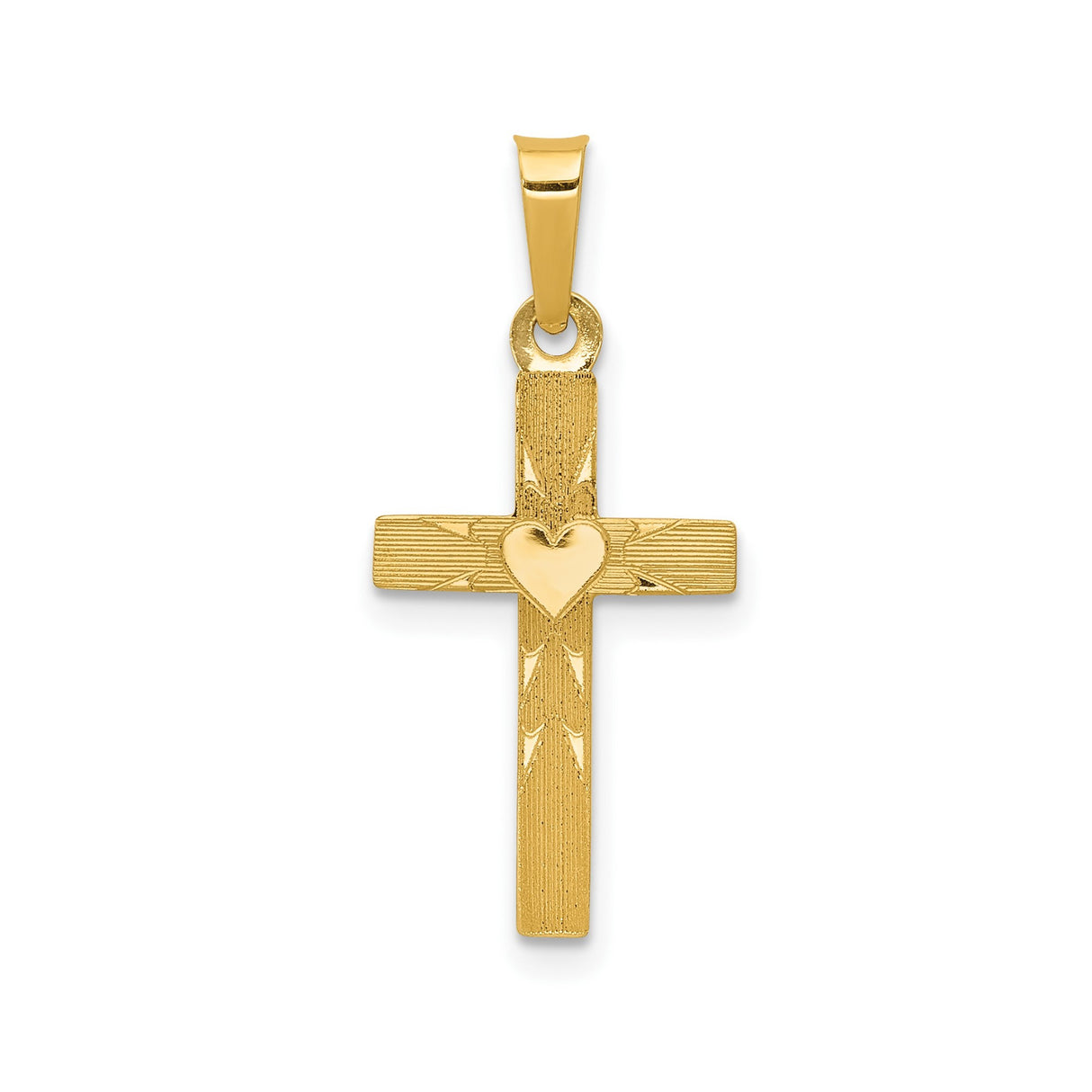 14k Yellow Gold Cross Pendant with Textured Design and Heart Center