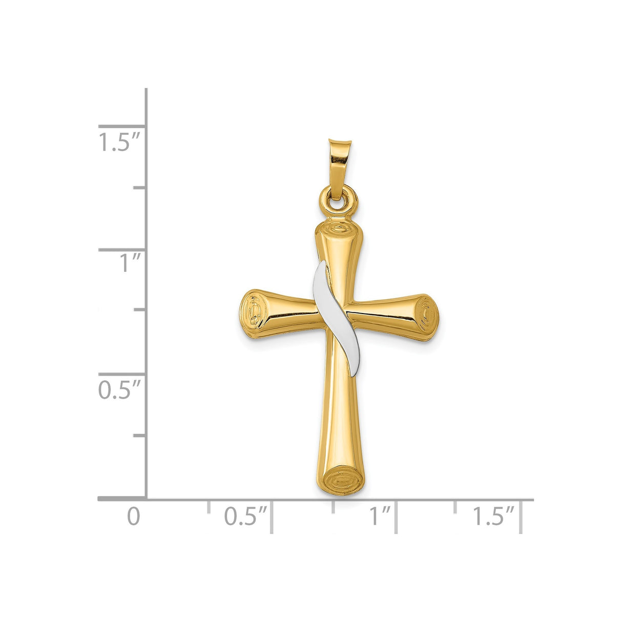 14k Two-Tone Gold Cross Pendant with Polished Log-Style Design and White Gold Ribbon Accent