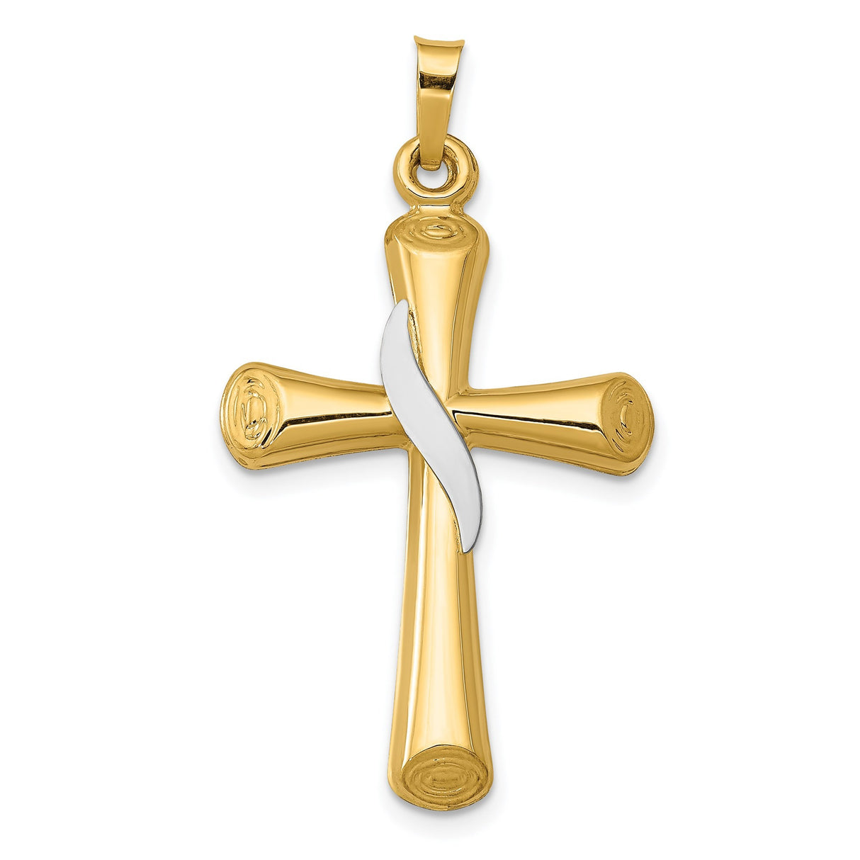 14k Two-Tone Gold Cross Pendant with Polished Log-Style Design and White Gold Ribbon Accent