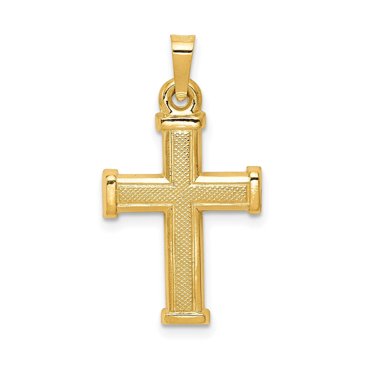 14k Yellow Gold Cross Pendant with Textured Center and Polished Edges, Christian Symbol