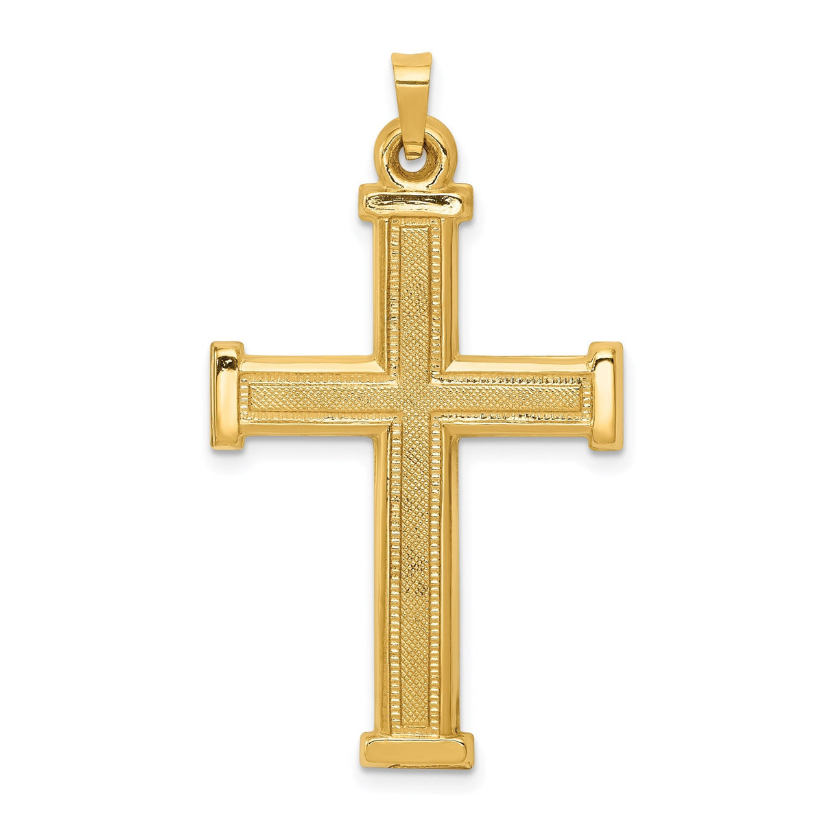 14k Yellow Gold Cross Pendant with Textured Design and Beveled Edges for Men
