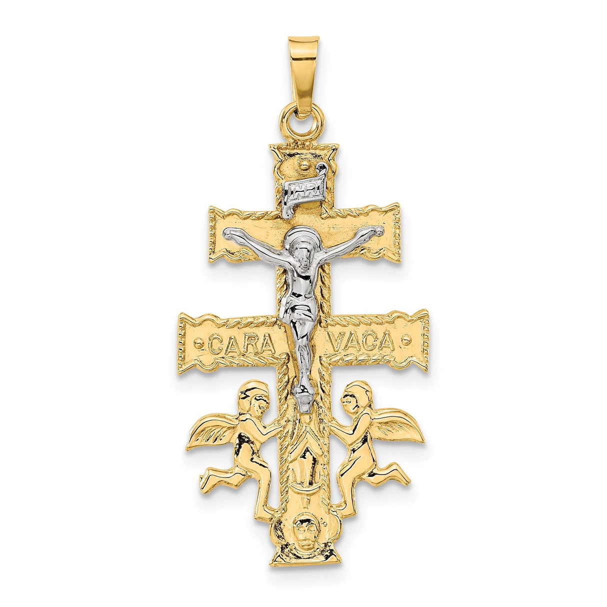 14k Multi-Tone Gold Caravaca Crucifix Pendant with Jesus, Catholic Religious Jewelry