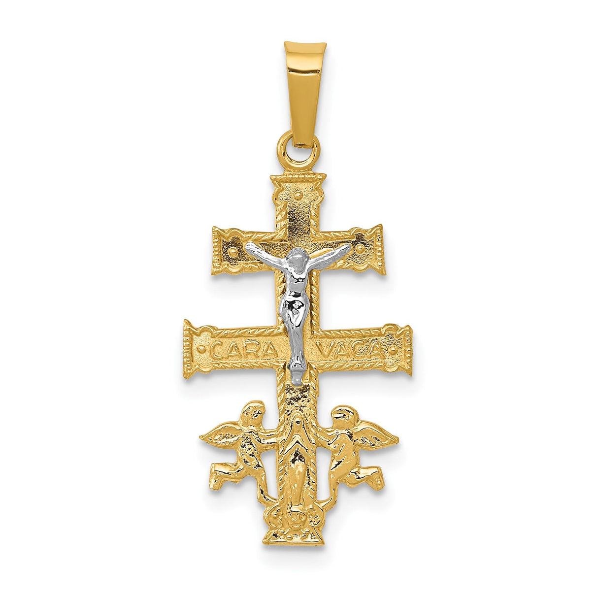 14k Multi-Tone Gold Caravaca Crucifix Pendant with Angel Details Religious Charm