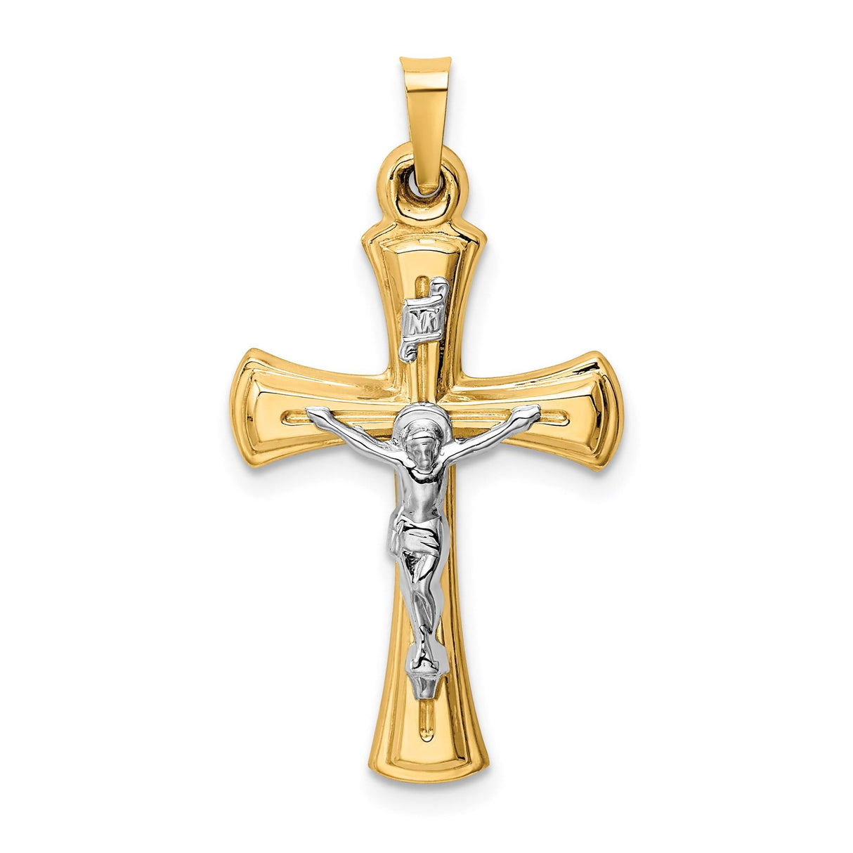 14k Two-Tone Gold Crucifix Pendant with Sculpted Jesus and INRI Religious Charm