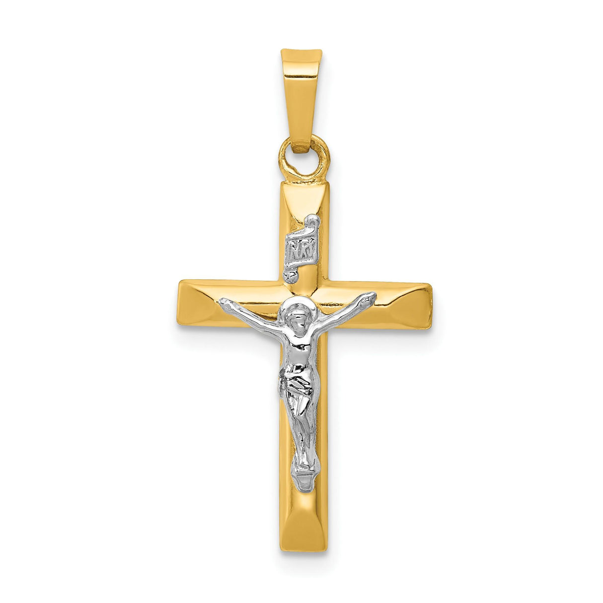 14k Two-Tone Gold INRI Crucifix Cross Pendant, Polished Latin Jesus Religious Charm