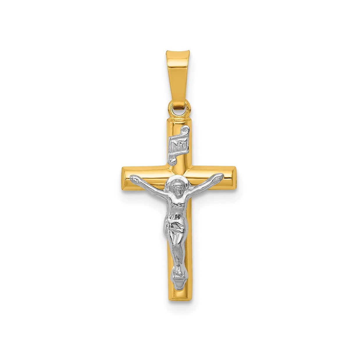 14k Two-Tone Gold Crucifix Cross Pendant, Latin Style with INRI Detail, Religious Charm