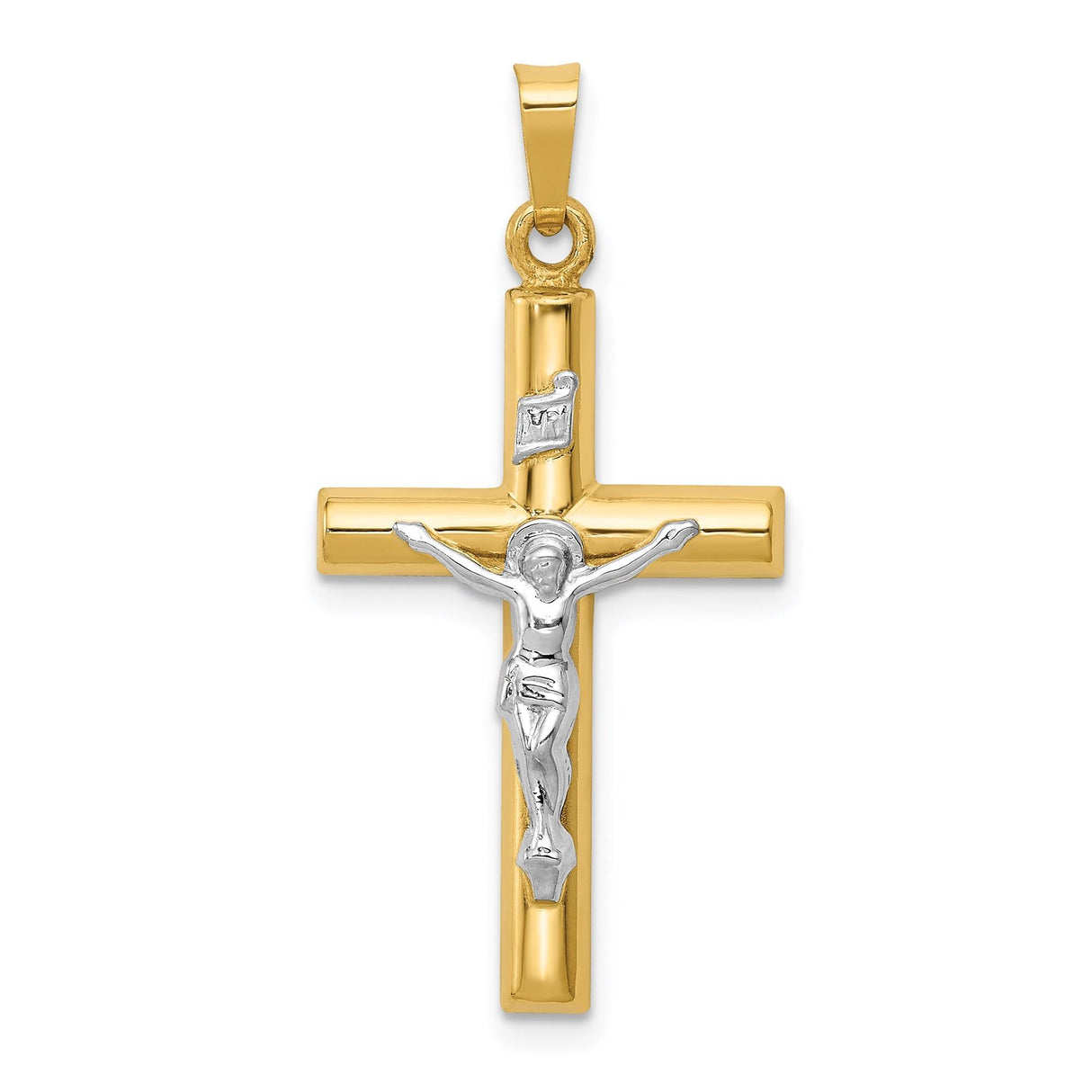14k Two-Tone Gold Crucifix Pendant with INRI and Jesus Figure, Latin Christian Cross