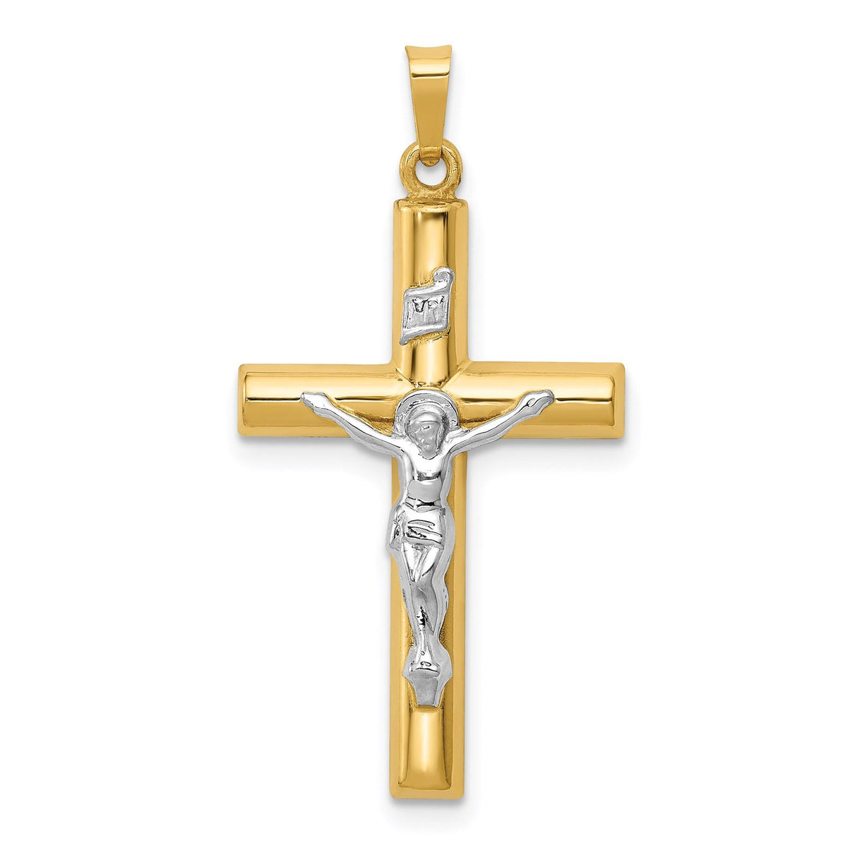 14k Two-Tone Gold Hollow Latin Crucifix Pendant with INRI Jesus Figure