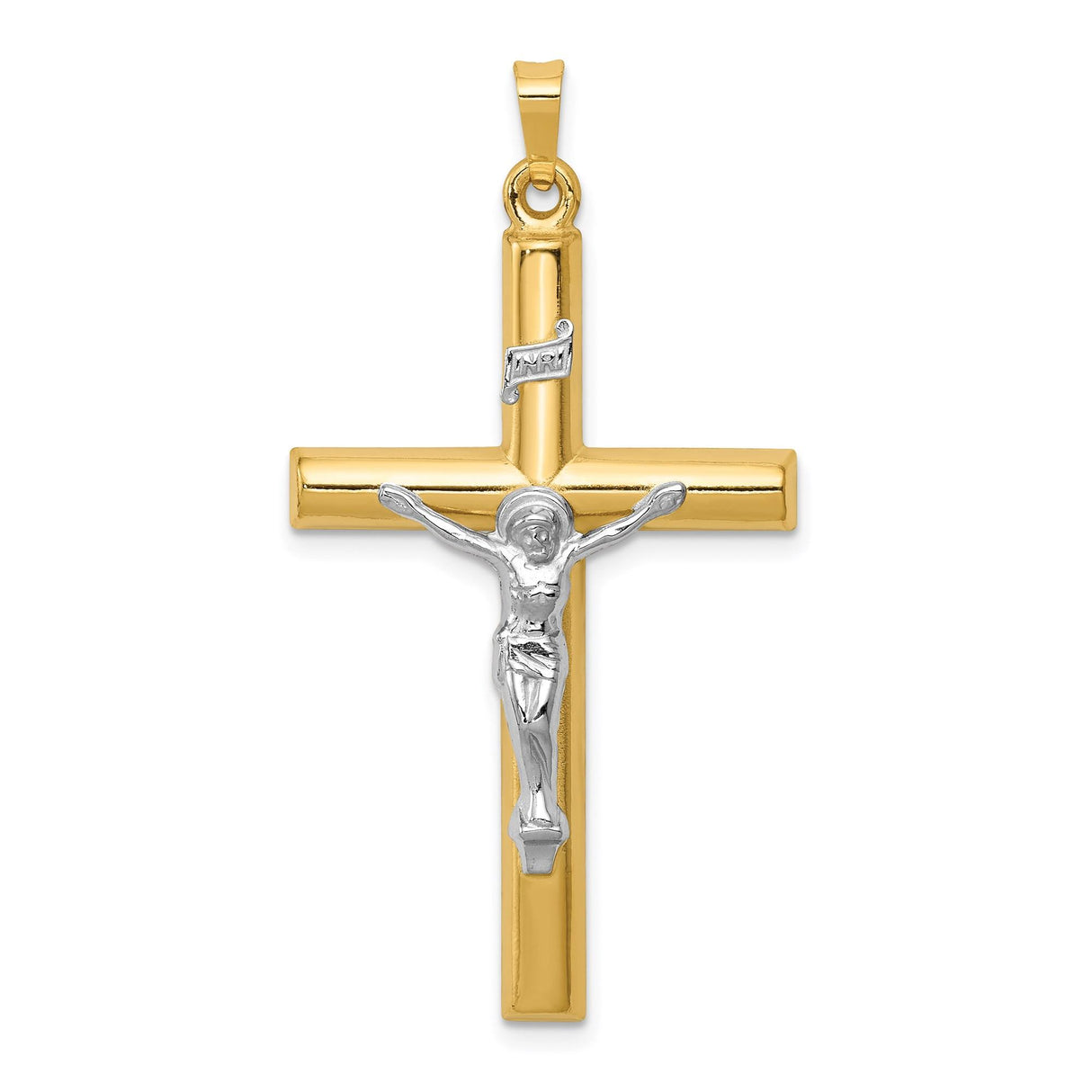 14k Multi-Tone Gold Crucifix Cross Pendant with INRI Jesus Figure, Religious Style