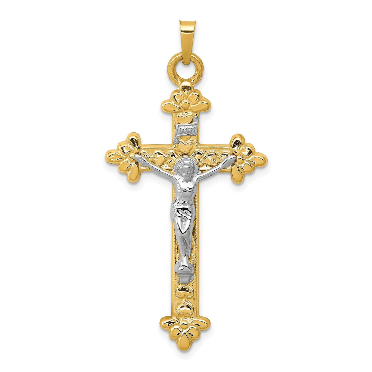 14k Two-Tone Gold Crucifix Cross Pendant with Fleur de Lis Design for Men and Women
