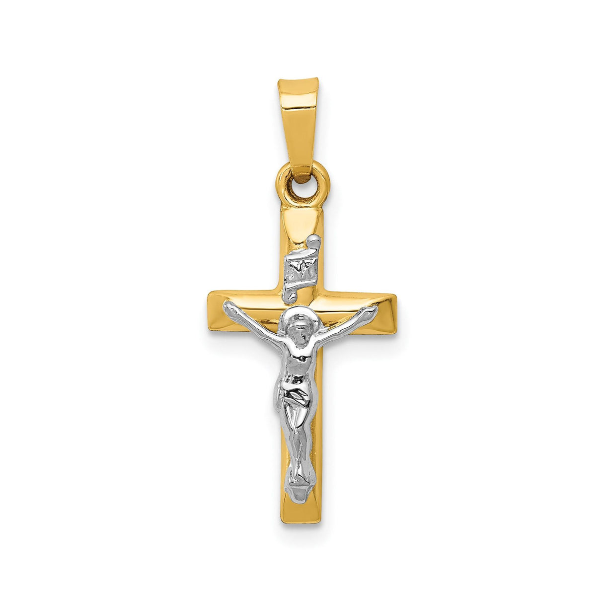 14k Two-Tone Gold Crucifix Pendant with INRI Emblem and Detailed Jesus Figure