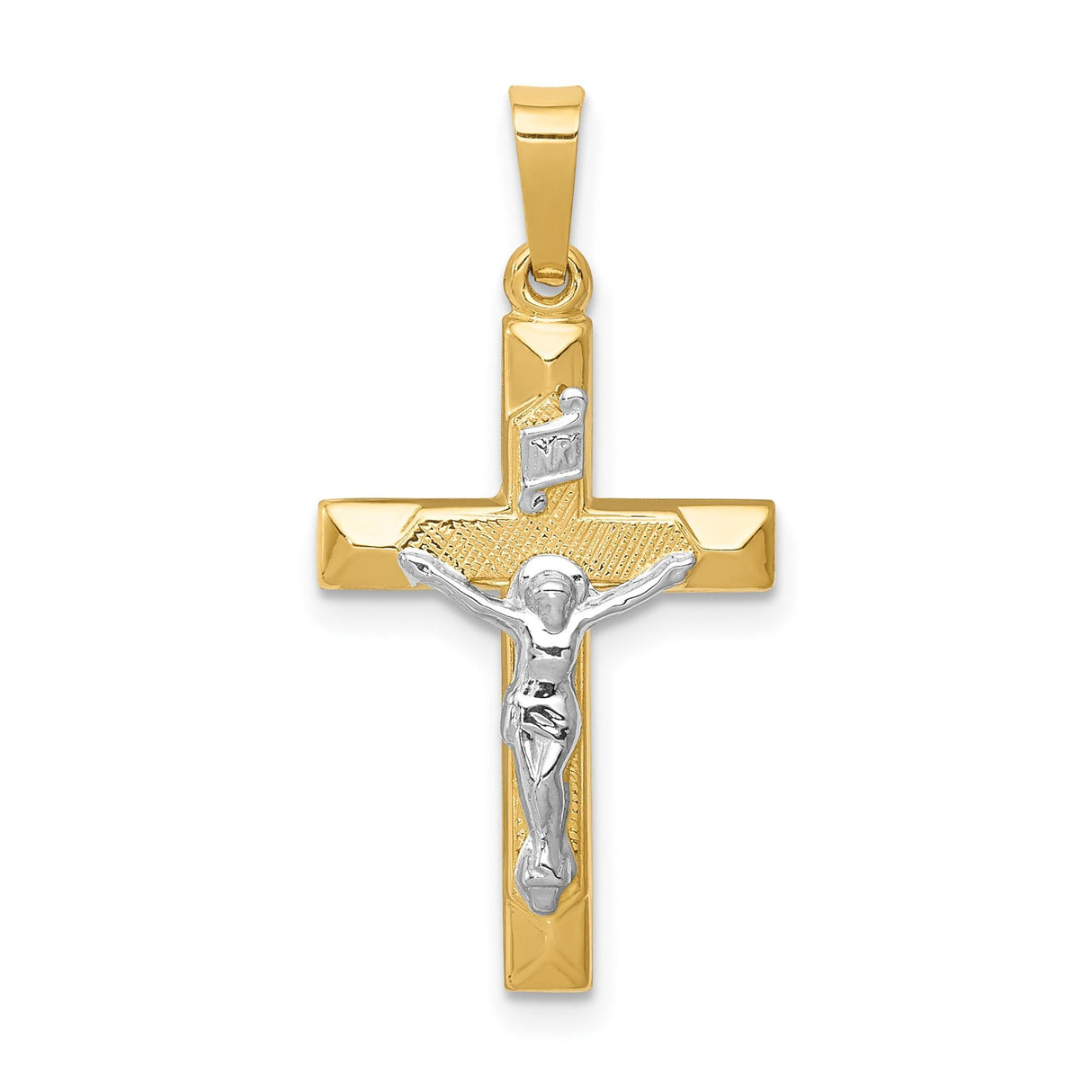 14k Multi-Tone Gold Crucifix Pendant, INRI Latin Cross Religious Charm for Men and Women