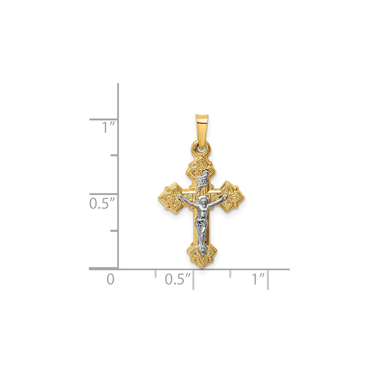 14k Two-Tone Gold Crucifix Cross Pendant with INRI Fleur de Lis and Silver Figure