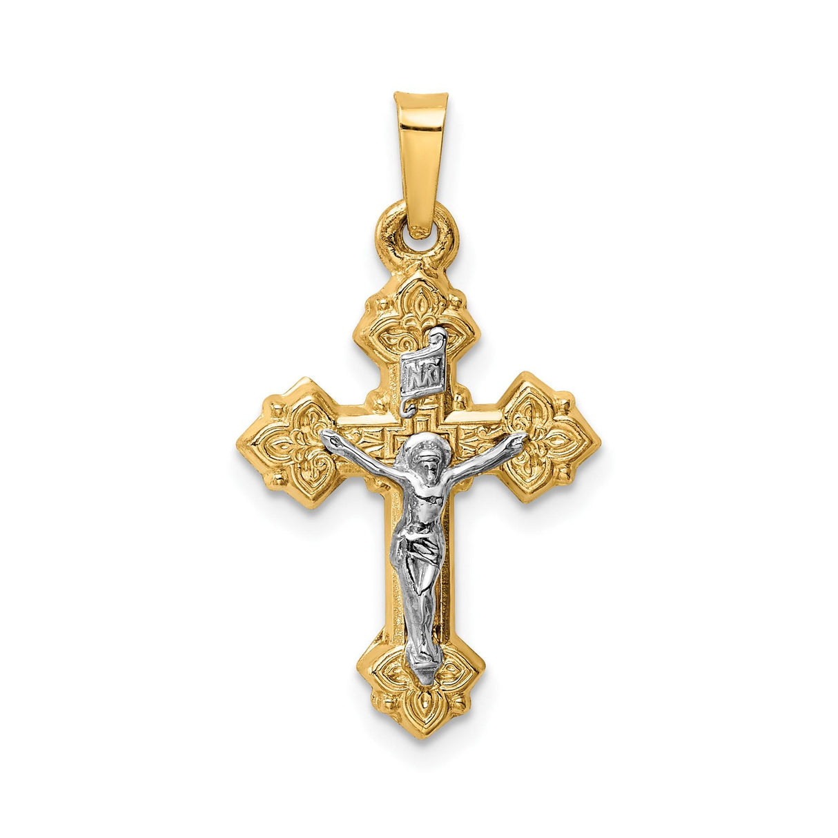 14k Two-Tone Gold Crucifix Cross Pendant with INRI Fleur de Lis and Silver Figure
