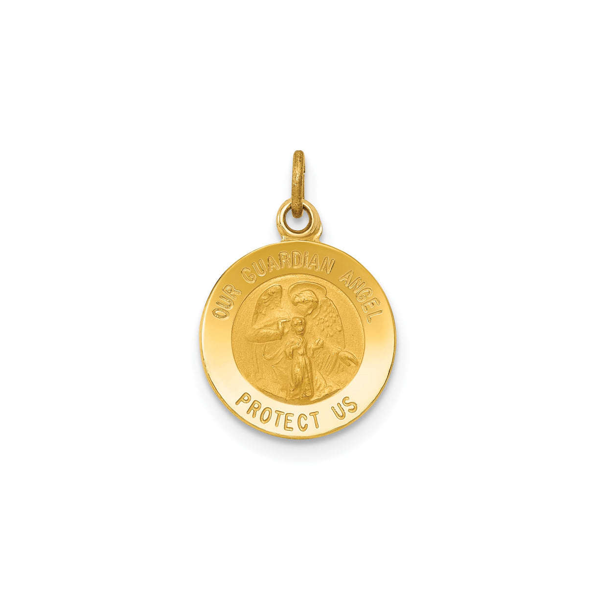 14k Yellow Gold Guardian Angel Medal Pendant with Religious Engraving for Protection and Faith