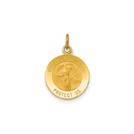 14k Yellow Gold Guardian Angel Medal Pendant with Religious Engraving for Protection and Faith