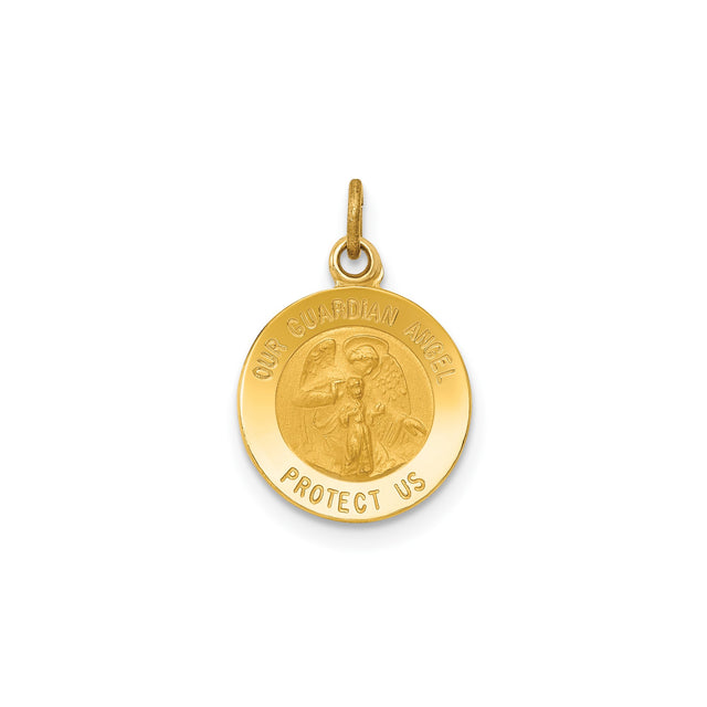 14k Yellow Gold Guardian Angel Medal Pendant with Religious Engraving for Protection and Faith