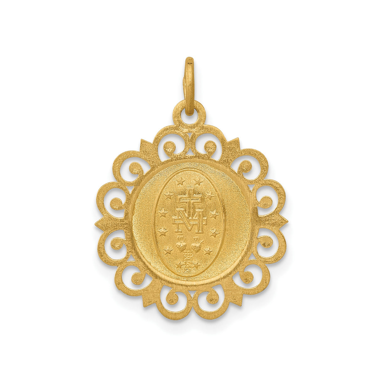 14k Yellow Gold Miraculous Medal Pendant Featuring Virgin Mary and O Mary Conceived Inscription