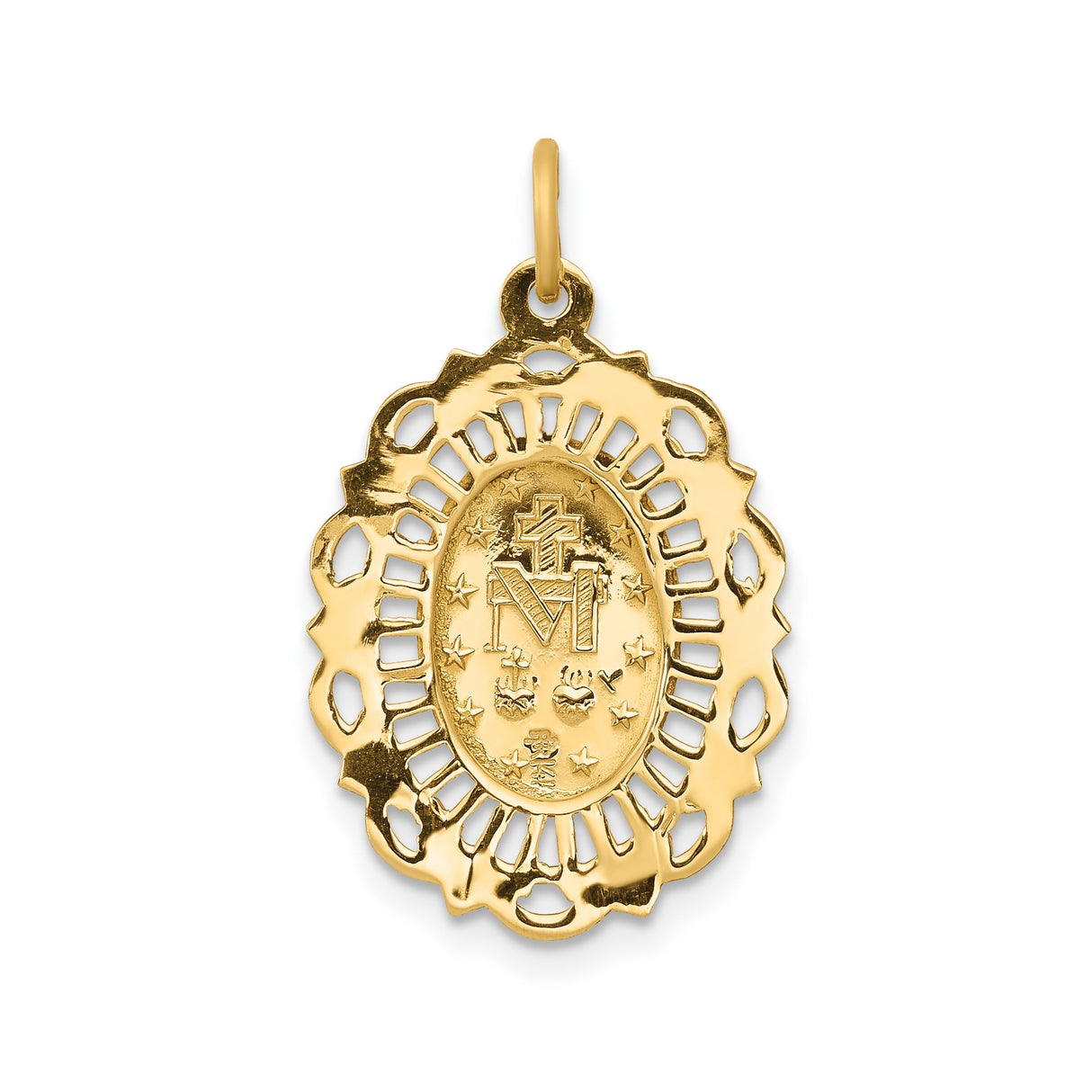 14k Yellow Gold Miraculous Medal Pendant with Virgin Mary, Oval Filigree Religious Charm
