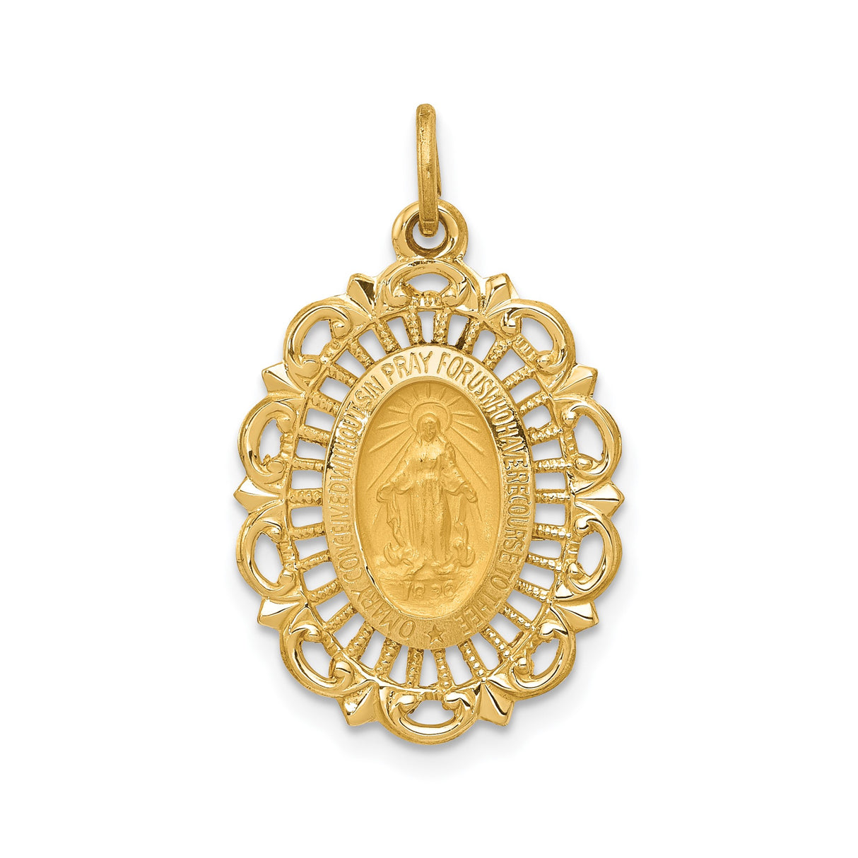 14k Yellow Gold Miraculous Medal Pendant with Virgin Mary, Oval Filigree Religious Charm
