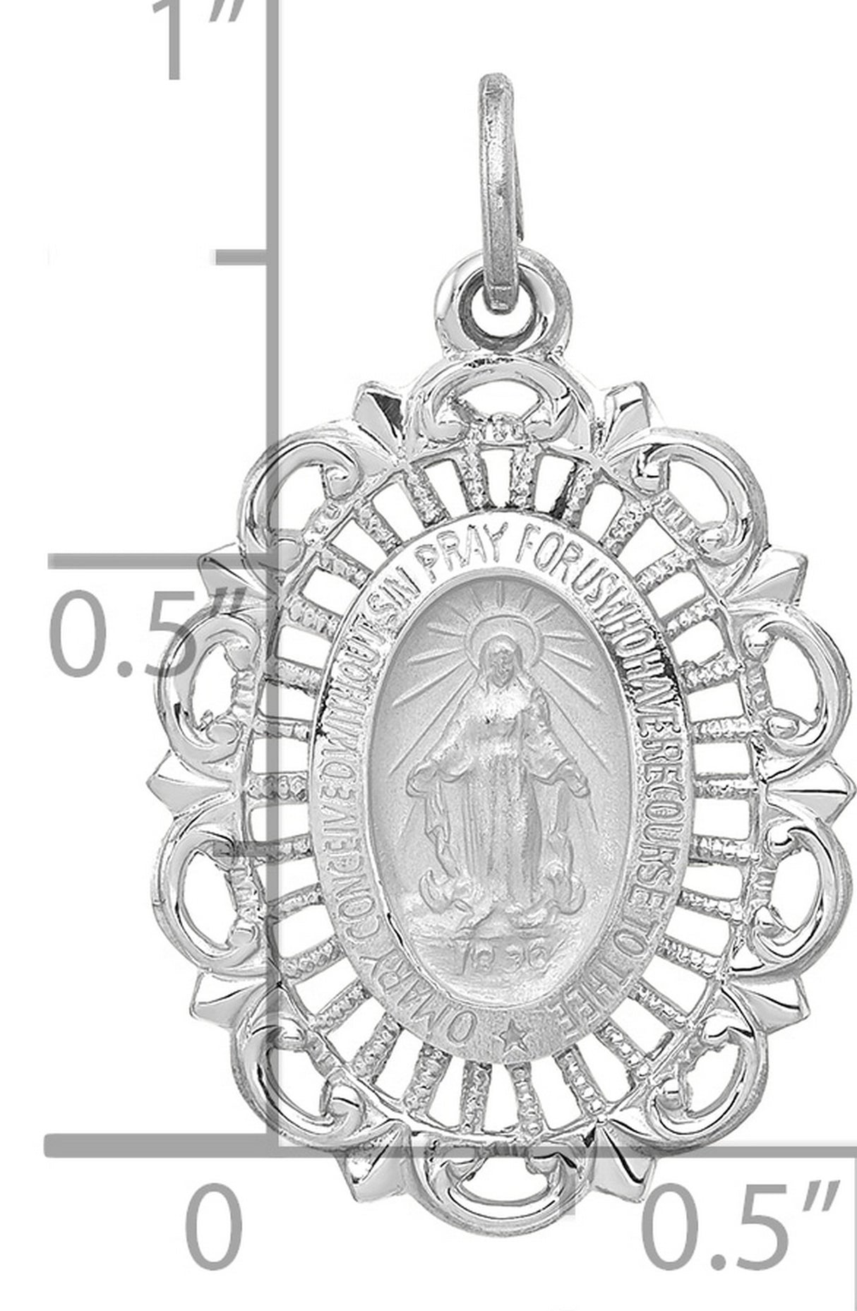 14k White Gold Miraculous Medal Pendant with Virgin Mary Inscription Religious Jewelry