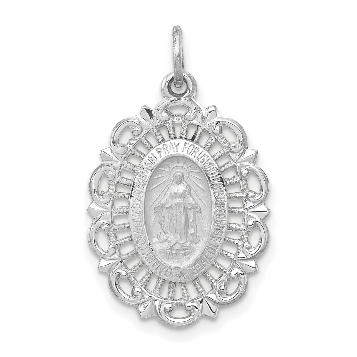 14k White Gold Miraculous Medal Pendant with Virgin Mary Inscription Religious Jewelry
