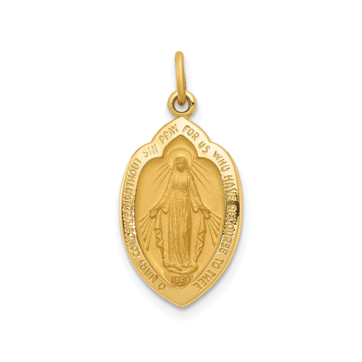 14k Yellow Gold Miraculous Medal Pendant with Virgin Mary Inscription, Catholic Religious Charm