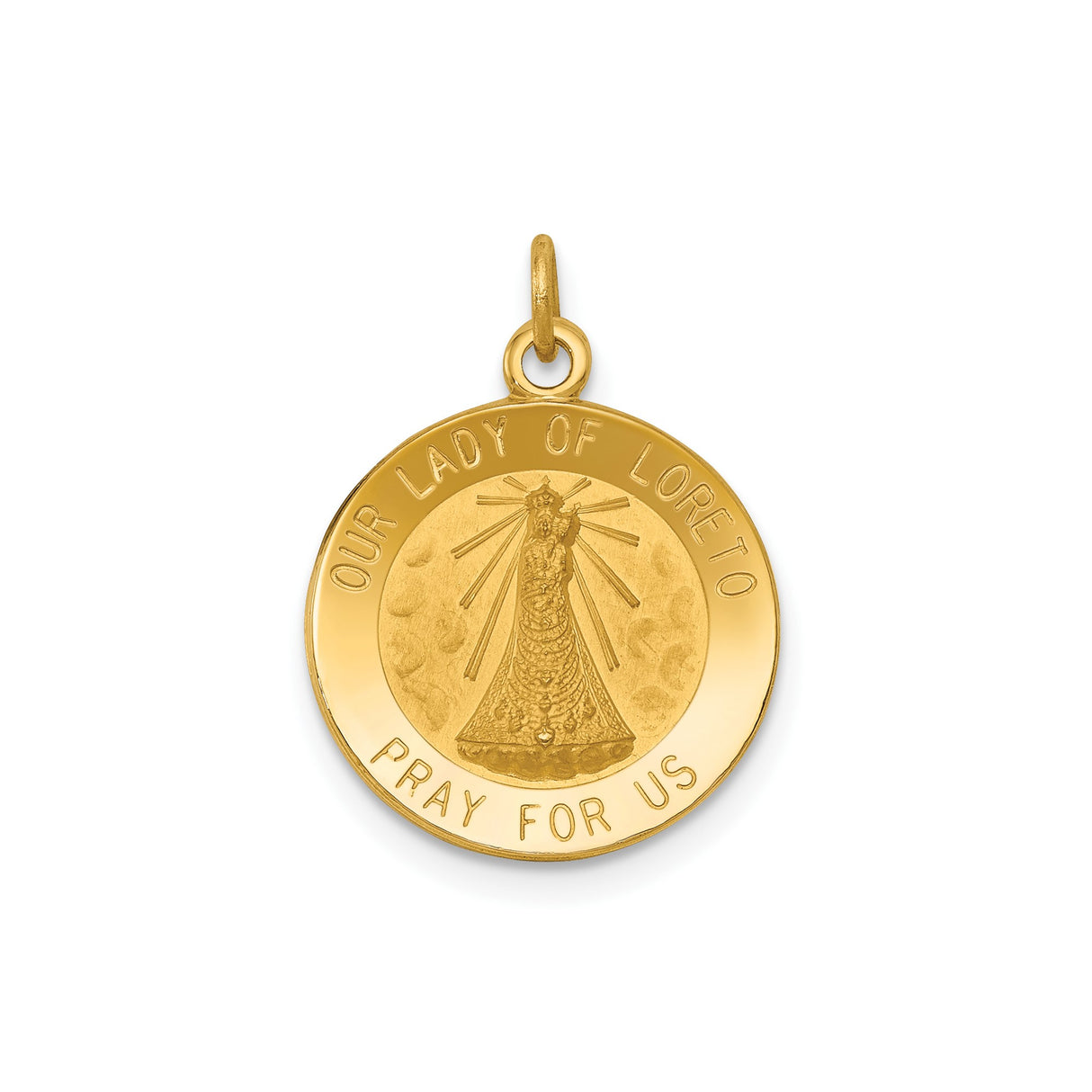 14k Yellow Gold Our Lady of Loreto Pendant with Virgin Mary Engraving, Catholic Medal for Women