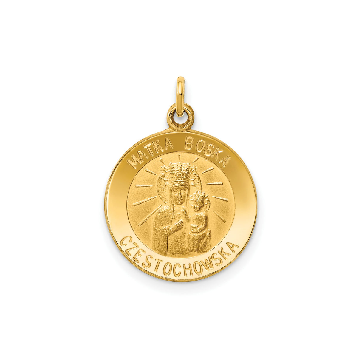 14k Yellow Gold Black Madonna Pendant, Polish Czestochowa Medal with Matka Boska Text