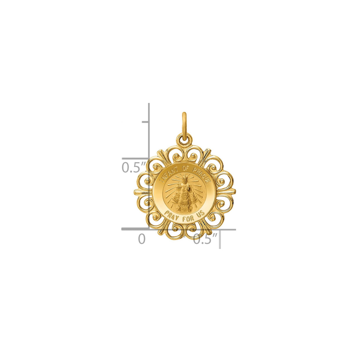 14k Yellow Gold Pendant, Infant of Prague Medal with Pray for Us Engraving, Religious Charm