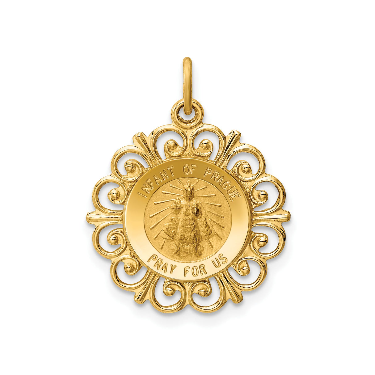 14k Yellow Gold Pendant, Infant of Prague Medal with Pray for Us Engraving, Religious Charm