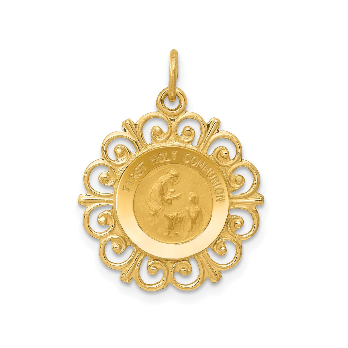 14k Yellow Gold First Holy Communion Medal Pendant with Christian Religious Image for Women and Girls