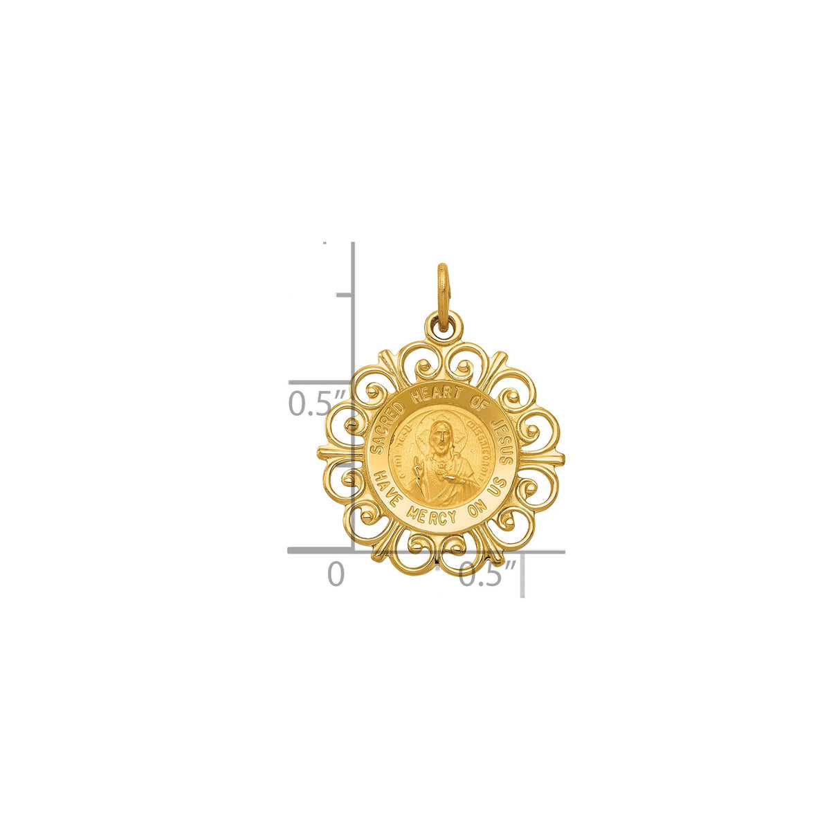 14k Yellow Gold Sacred Heart of Jesus Pendant with Filigree Border, Catholic Religious Medal