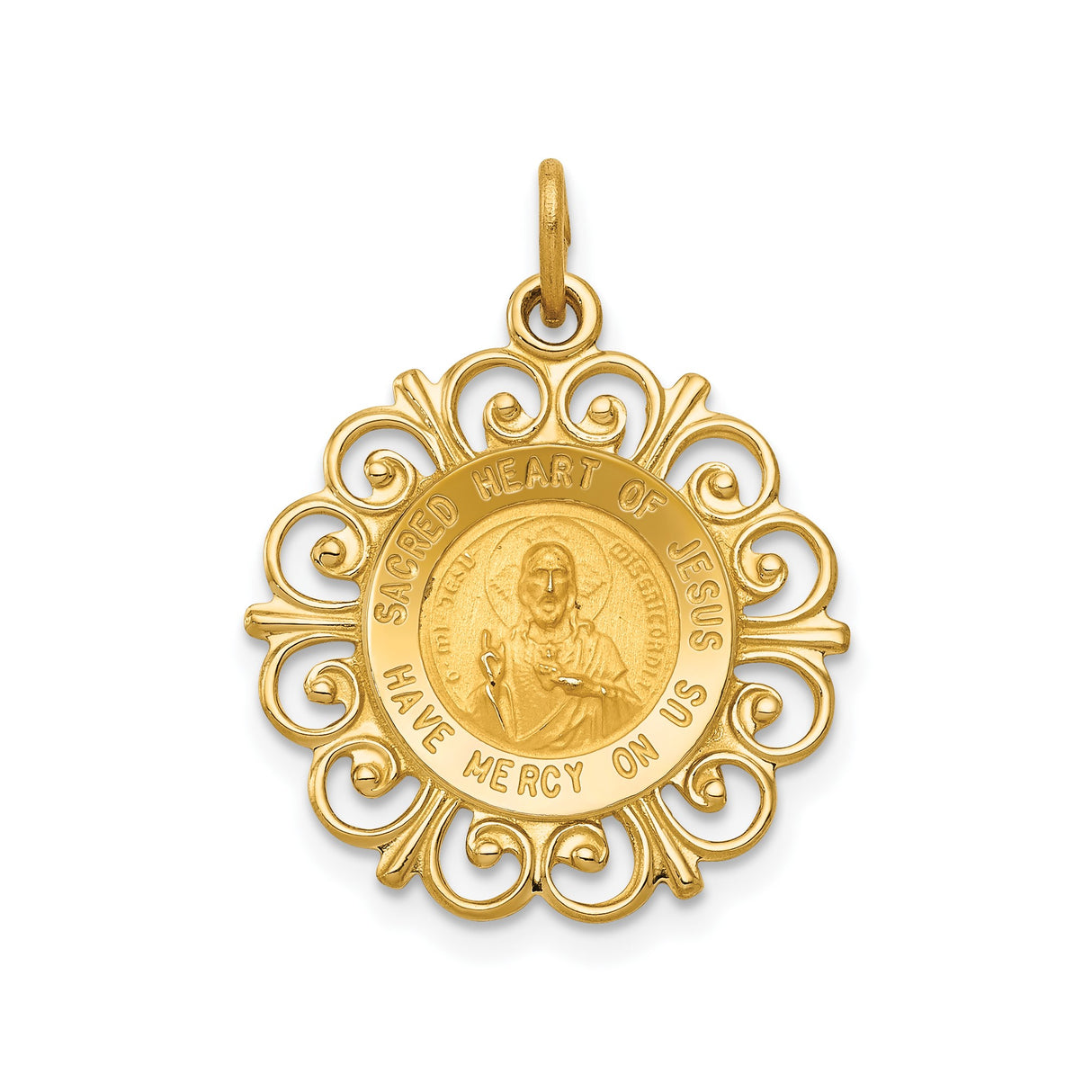14k Yellow Gold Sacred Heart of Jesus Pendant with Filigree Border, Catholic Religious Medal