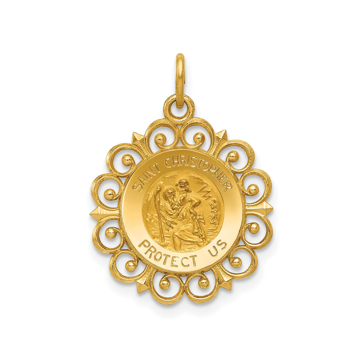 14k Yellow Gold Saint Christopher Pendant with Ornate Scroll Border