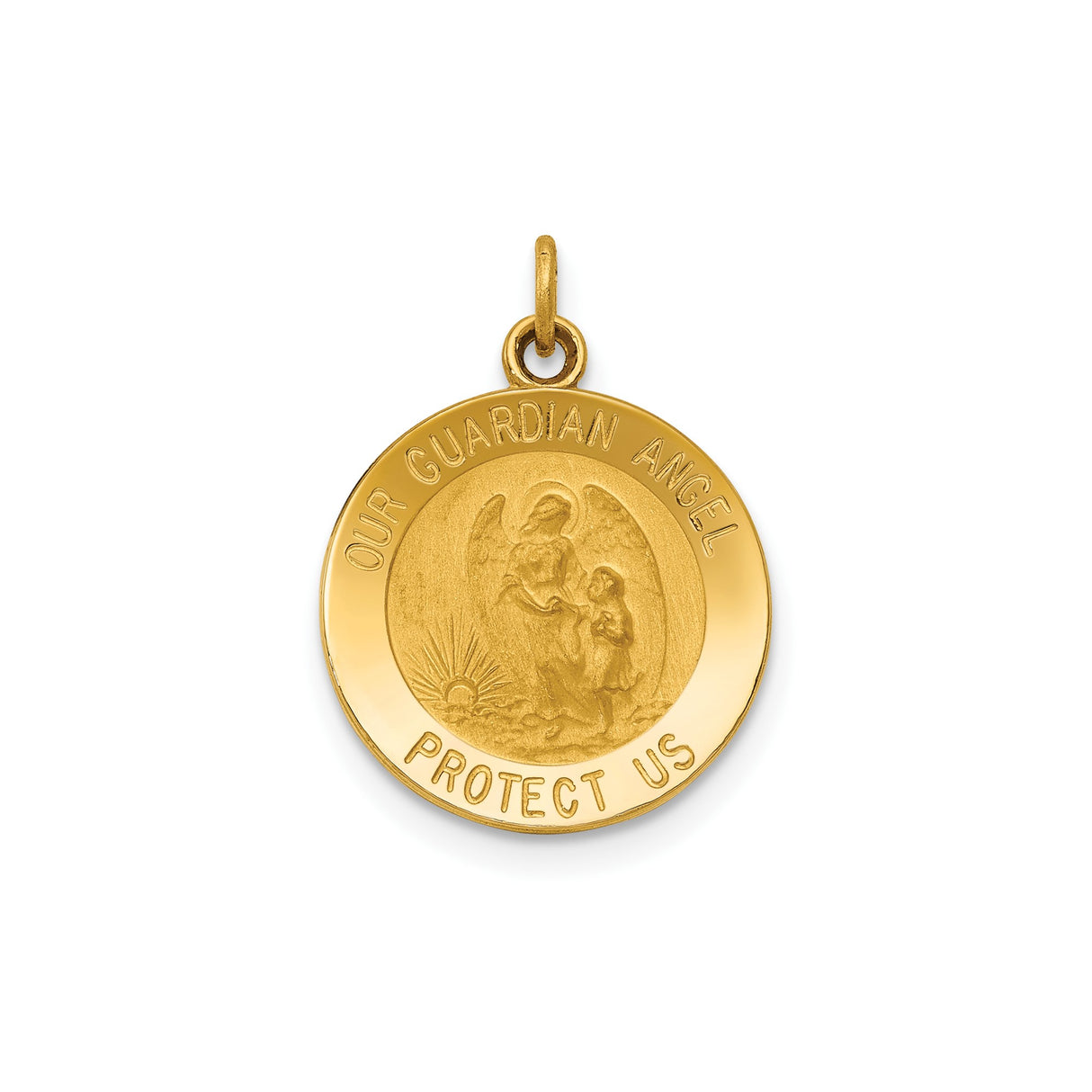 14k Yellow Gold Guardian Angel Medal Pendant with Protect Us Inscription, Religious Charm