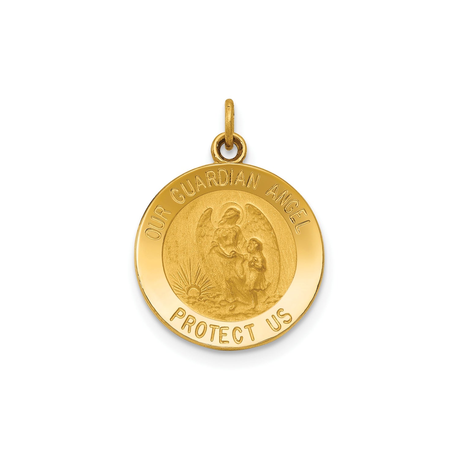 14k Yellow Gold Guardian Angel Medal Pendant with Protect Us Inscription, Religious Charm