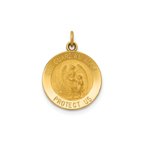 14k Yellow Gold Guardian Angel Medal Pendant with Protect Us Inscription, Religious Charm