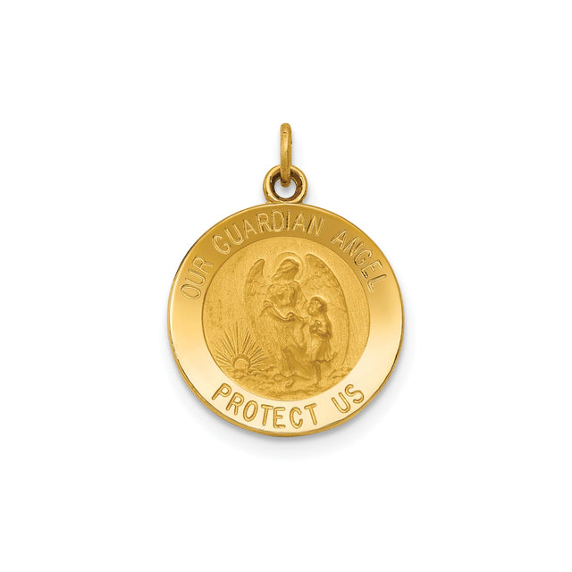 14k Yellow Gold Guardian Angel Medal Pendant with Protect Us Inscription, Religious Charm