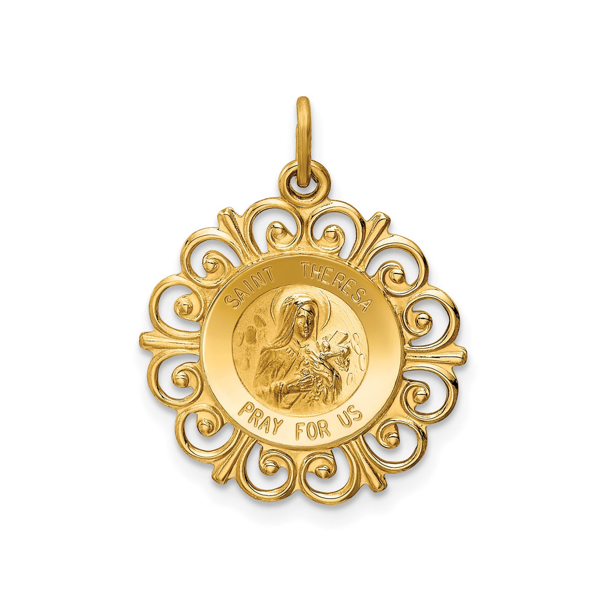 14k Yellow Gold Saint Theresa Medal Pendant with Filigree Edge, Catholic Religious Charm