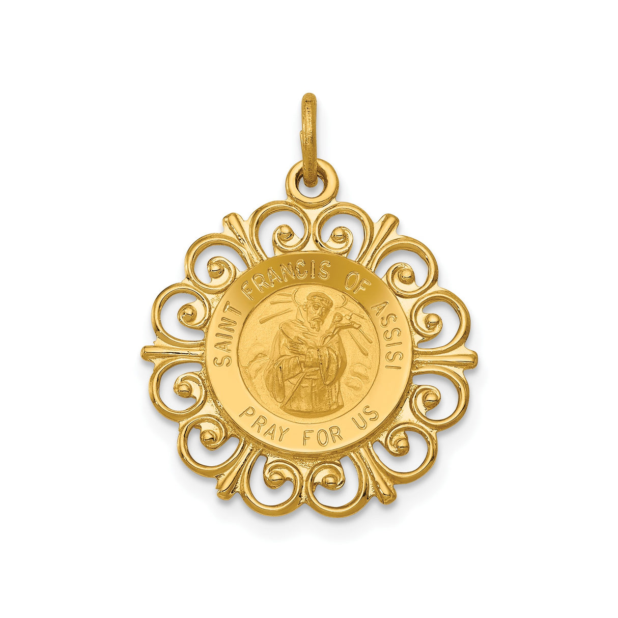 14k Yellow Gold Saint Francis of Assisi Pendant with Pray for Us Engraving, Catholic Medal