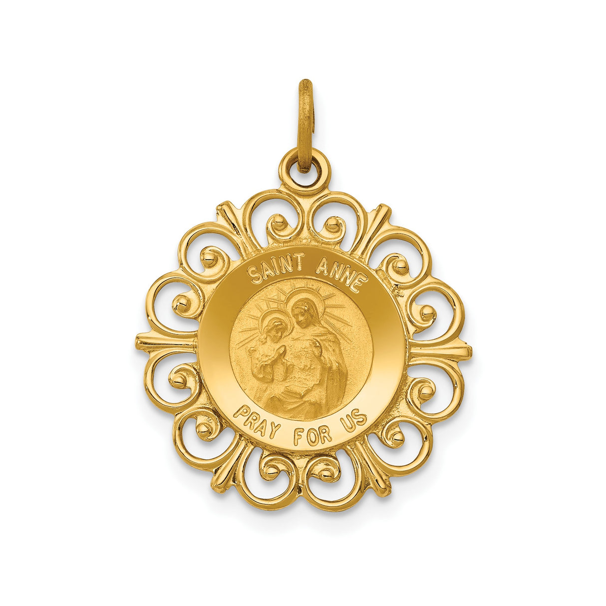 14k Yellow Gold Saint Anne Medal Pendant with Filigree Border and Virgin Mary Theme