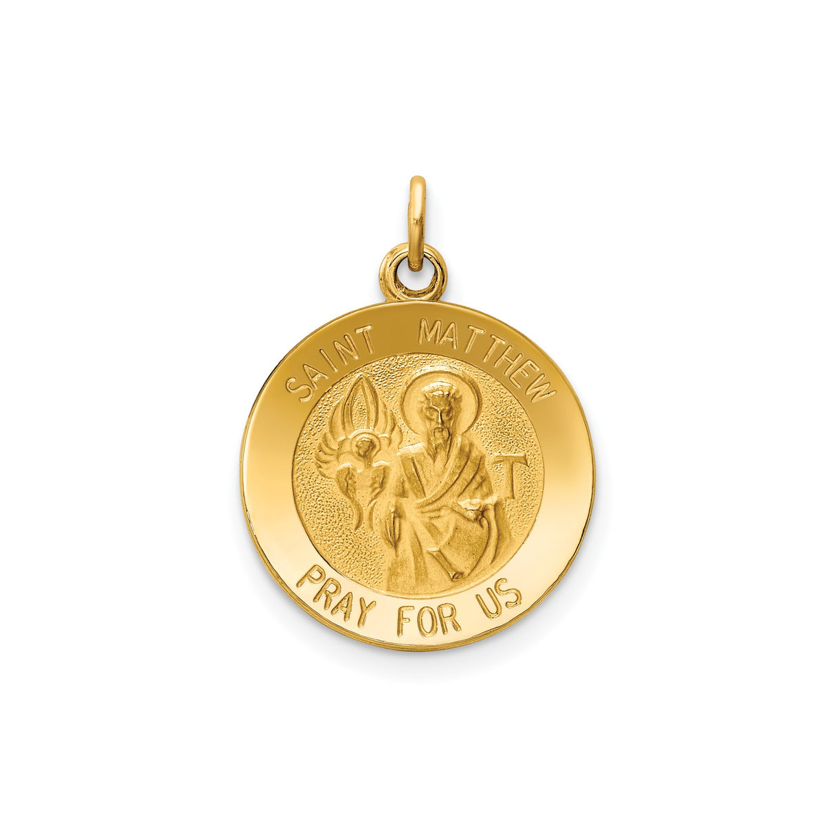 14k Yellow Gold Saint Matthew Medal Pendant with Inscription, Religious Charm for Men or Women