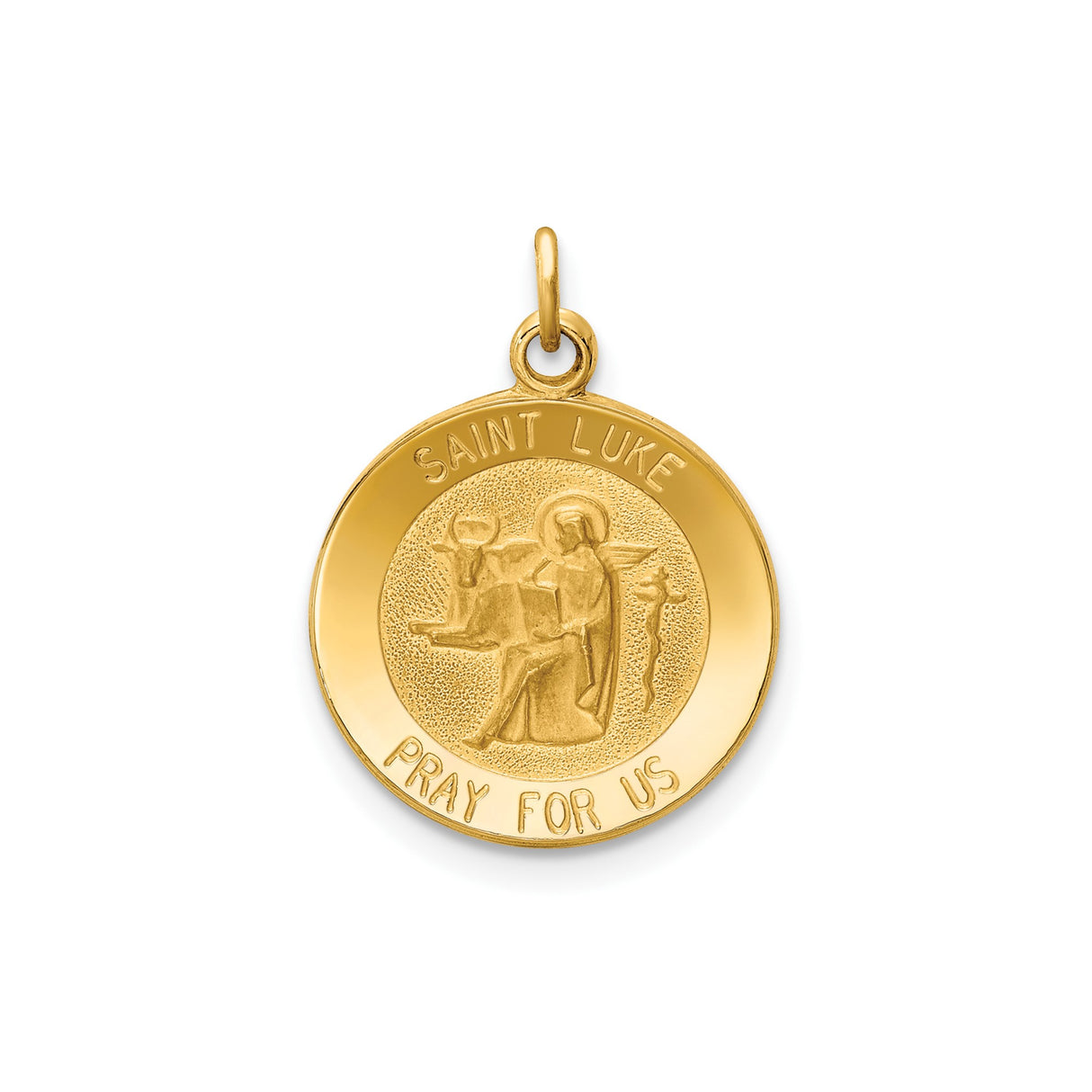 14k Yellow Gold Saint Luke Pendant with Winged Ox, Medical Symbol, and Prayer Engraving