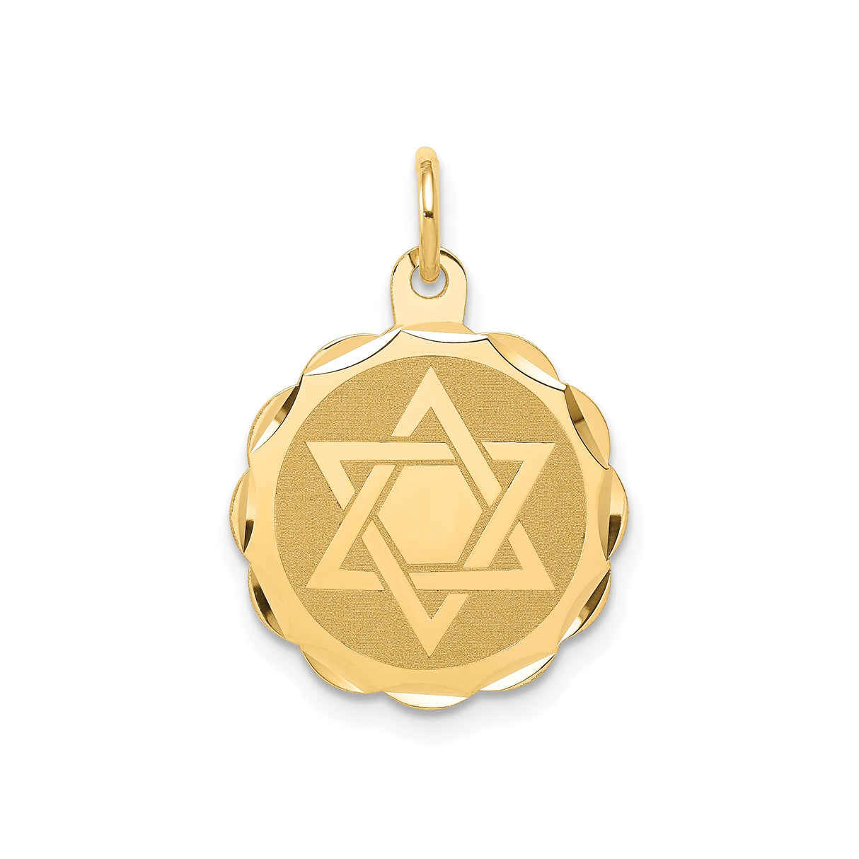 14k Yellow Gold Star of David Pendant, Polished Round Disc Religious Medallion