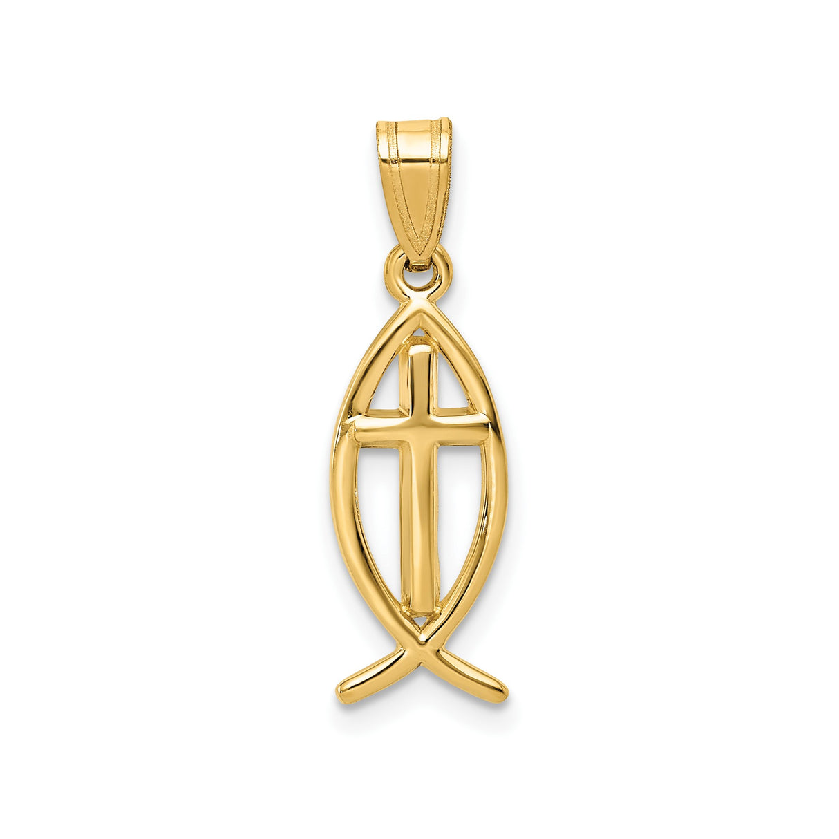 14k Yellow Gold Christian Fish Pendant with Cross, Ichthys Religious Charm for Men or Women