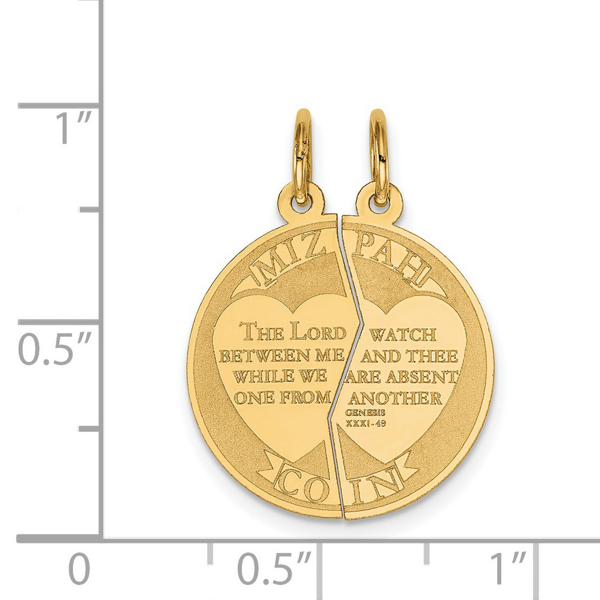Break Apart Mizpah Coin Emotional Bond Words Genesis 31:49 On Round Charm Pendant in Real 14k Yellow Gold