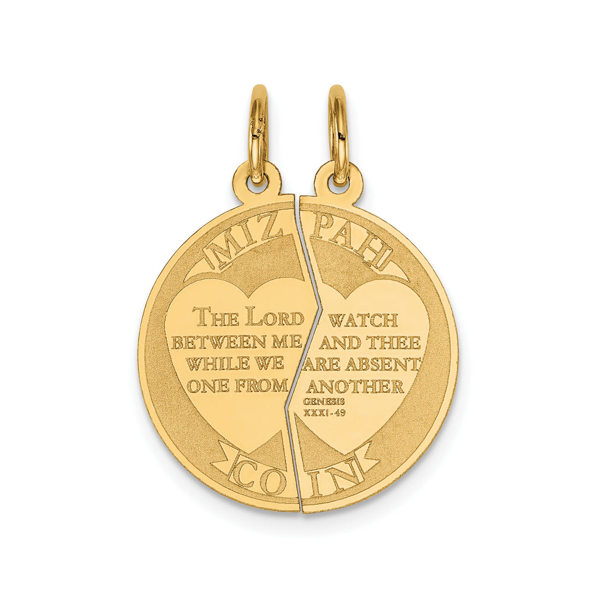 14k Yellow Gold Mizpah Coin Pendant Set, Split Charms with Genesis 31:49 Scripture, Christian Couples Jewelry