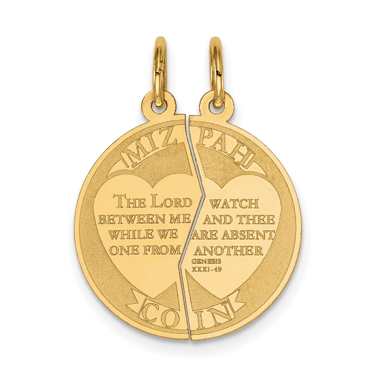 Break Apart Mizpah Coin Emotional Bond Words Genesis 31:49 On Round Charm Pendant in Real 14k Yellow Gold